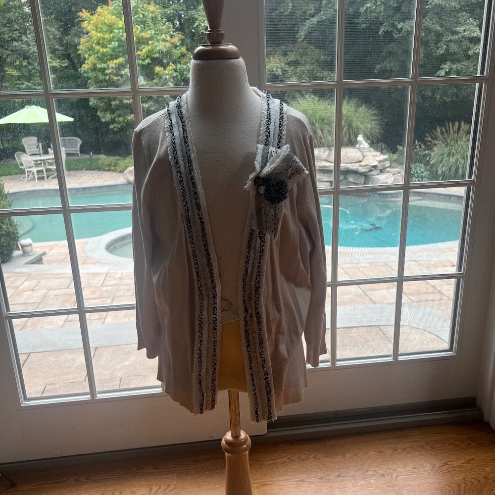 White House Black Market Beige Cardigan With Animal Print Detail Women's Size L